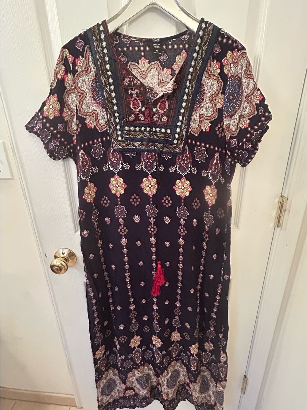 Embroidered Black Floral Midi Dress with Tassel Accent